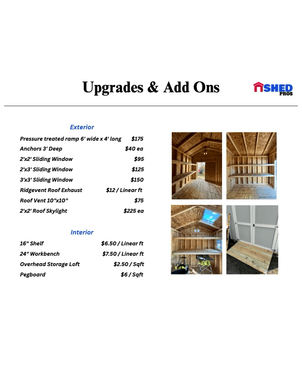 List of shed upgrades with prices and images of interior features, including windows and ramps.